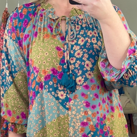 Easel Floral Patchwork Print Rayon Gauze Long Sleeve Dress New - Picture 5 of 6